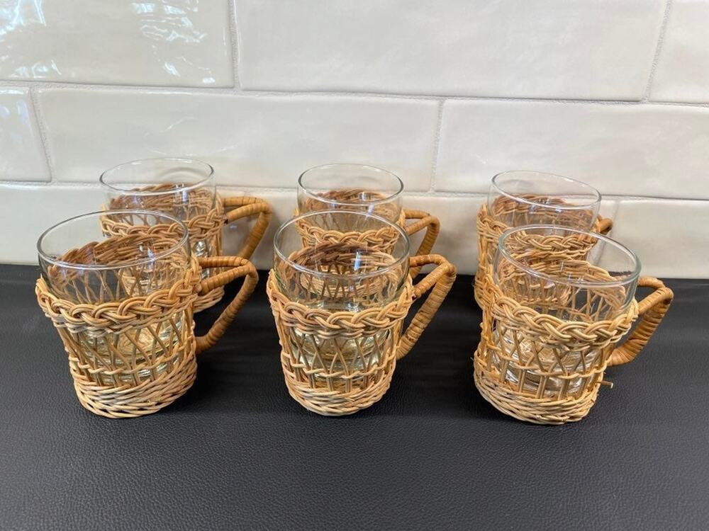 Vintage Woven Rattan Wicker Drinkware Holders Glass Cups (Set of 6)